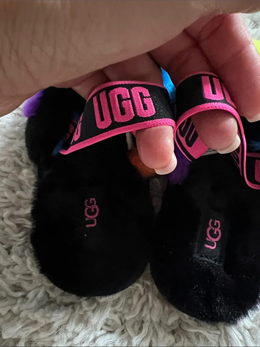 UGG Neon Patchwork Fur Slide Sandals - Black, Yellow, Blue, Purple, Pink